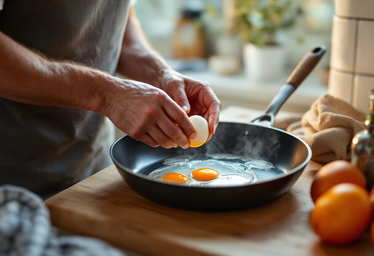 Cracking eggs into a hot carbon steel pan
